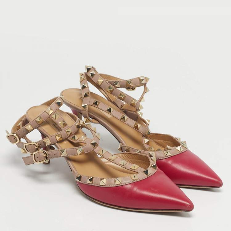 Pre Owned Valentino Rockstud Size 38.5 Beige/Purple Ankle Strap Leather Pumps