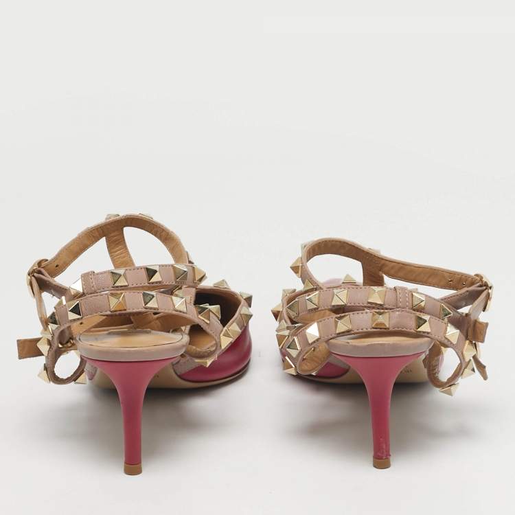 Pre Owned Valentino Rockstud Size 38.5 Beige/Purple Ankle Strap Leather Pumps