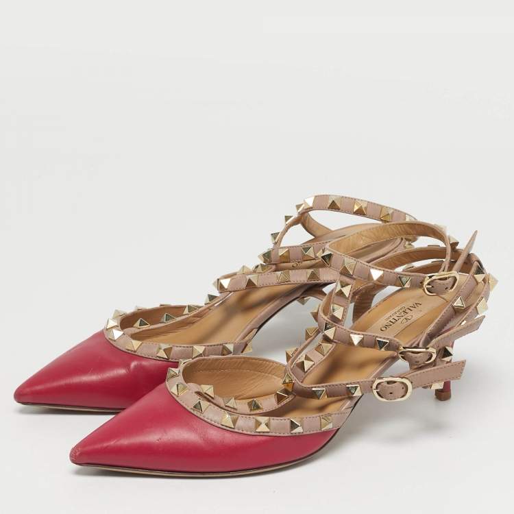 Pre Owned Valentino Rockstud Size 38.5 Beige/Purple Ankle Strap Leather Pumps