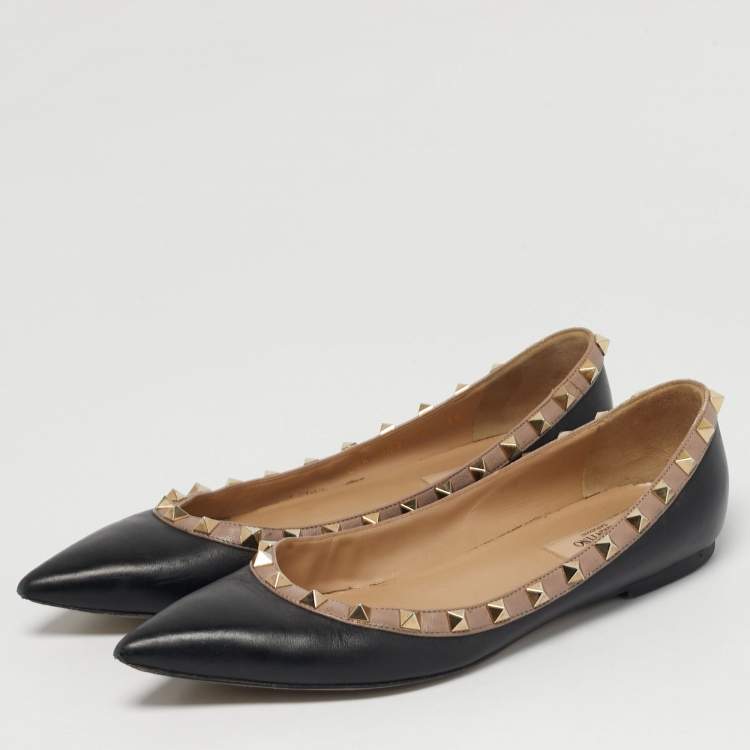 مملوكة مسبقًا Valentino Rockstud Size 39 Black/Beige Leather Ballet Flats