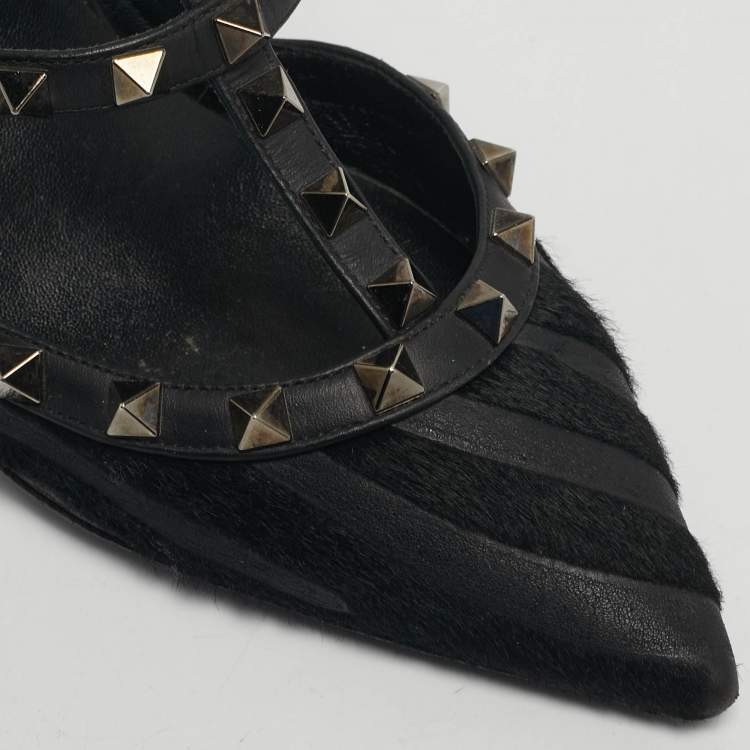 Pre Owned Valentino Rockstud Size 38.5 Black Calf Hair and Leather Ankle Strap Pumps