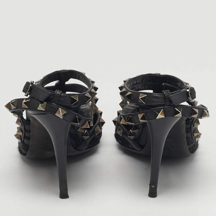 Pre Owned Valentino Rockstud Size 38.5 Black Calf Hair and Leather Ankle Strap Pumps