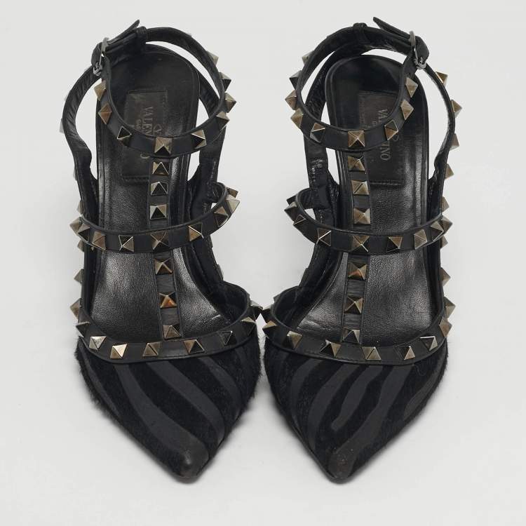 Pre Owned Valentino Rockstud Size 38.5 Black Calf Hair and Leather Ankle Strap Pumps