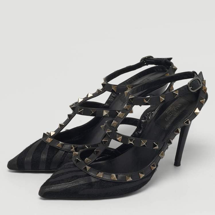 Pre Owned Valentino Rockstud Size 38.5 Black Calf Hair and Leather Ankle Strap Pumps
