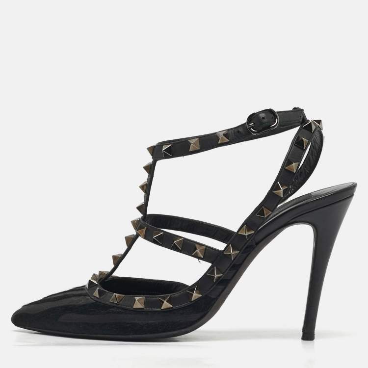 Pre Owned Valentino Rockstud Size 38.5 Black Calf Hair and Leather Ankle Strap Pumps