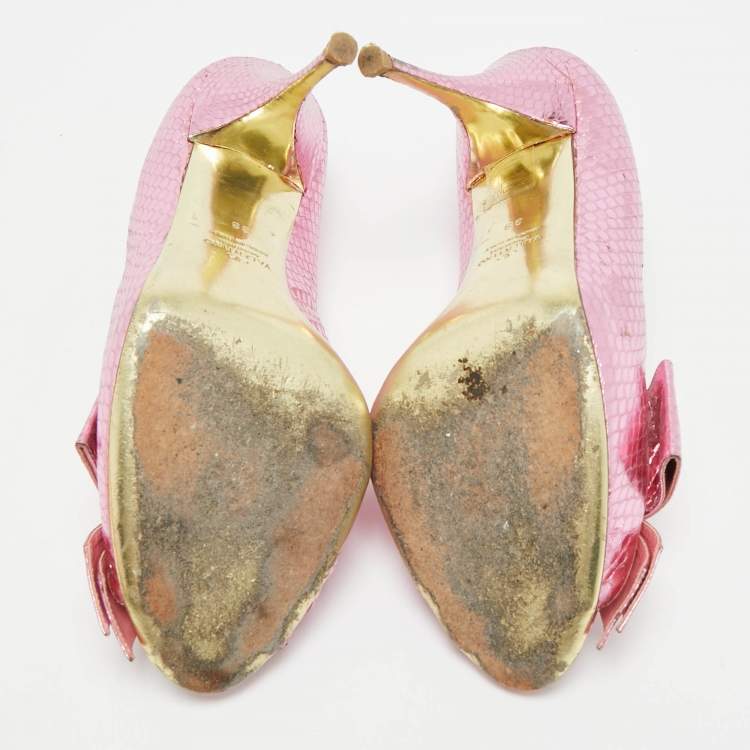 Pre Owned Valentino Size 39 Pink Snakeskin Embossed Leather Bow Peep Toe Pumps