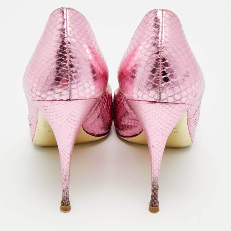 Pre Owned Valentino Size 39 Pink Snakeskin Embossed Leather Bow Peep Toe Pumps