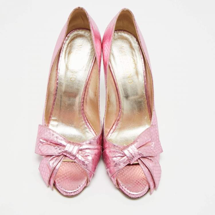 Pre Owned Valentino Size 39 Pink Snakeskin Embossed Leather Bow Peep Toe Pumps