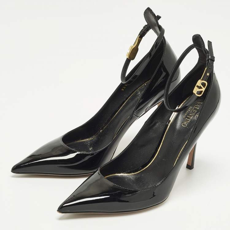 Pre Owned Valentino Size 40 Black Patent Leather Ankle Strap Pumps