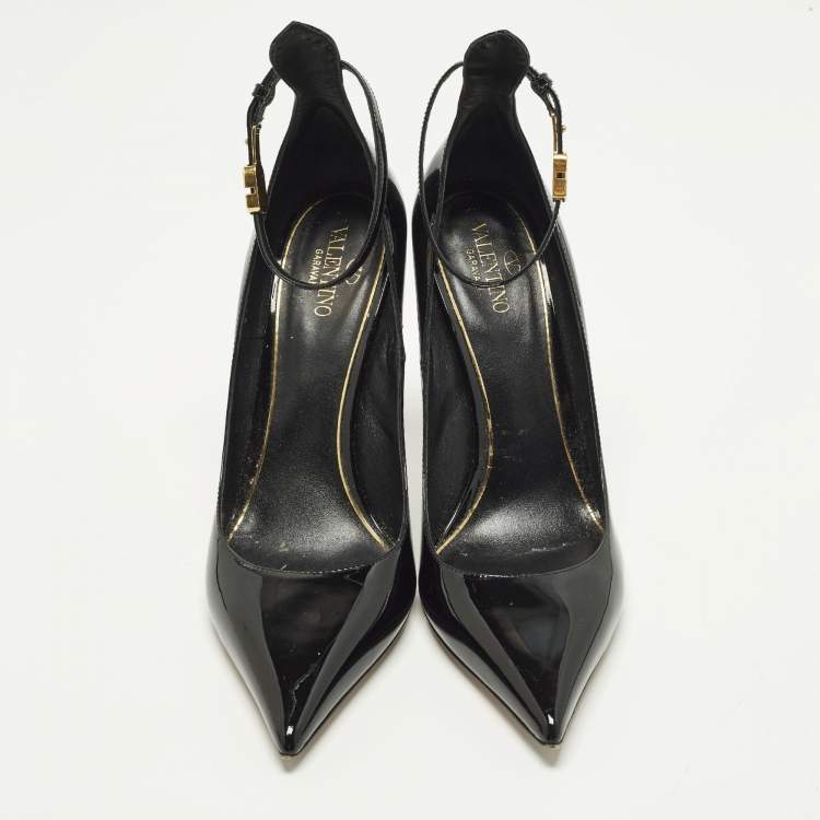Pre Owned Valentino Size 40 Black Patent Leather Ankle Strap Pumps