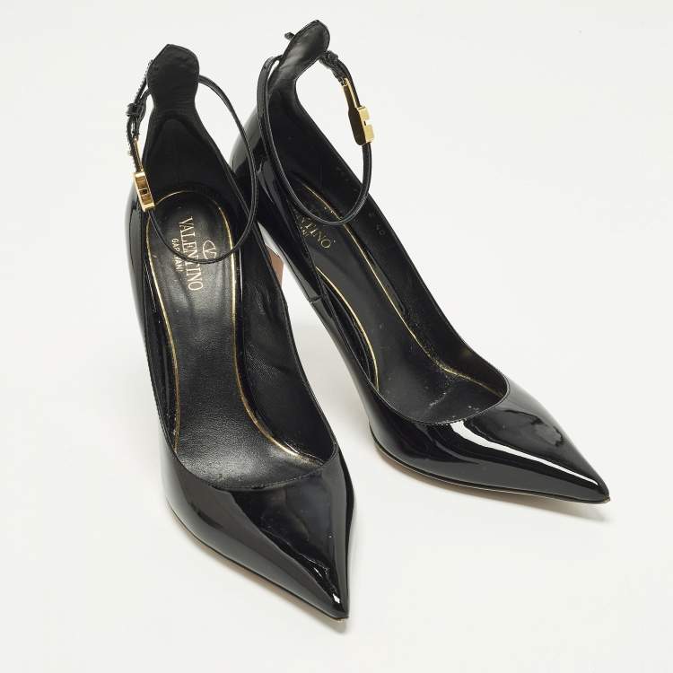 Pre Owned Valentino Size 40 Black Patent Leather Ankle Strap Pumps
