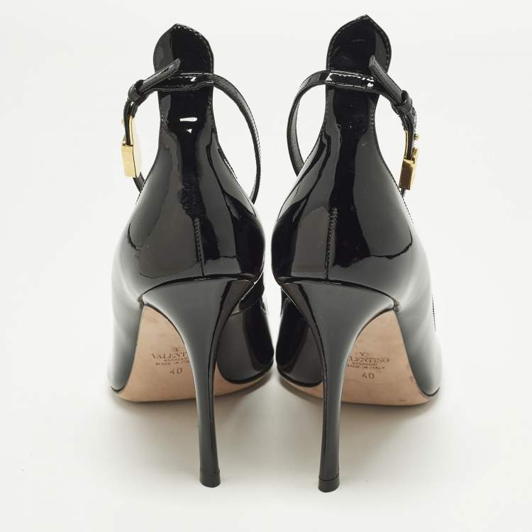 Pre Owned Valentino Size 40 Black Patent Leather Ankle Strap Pumps