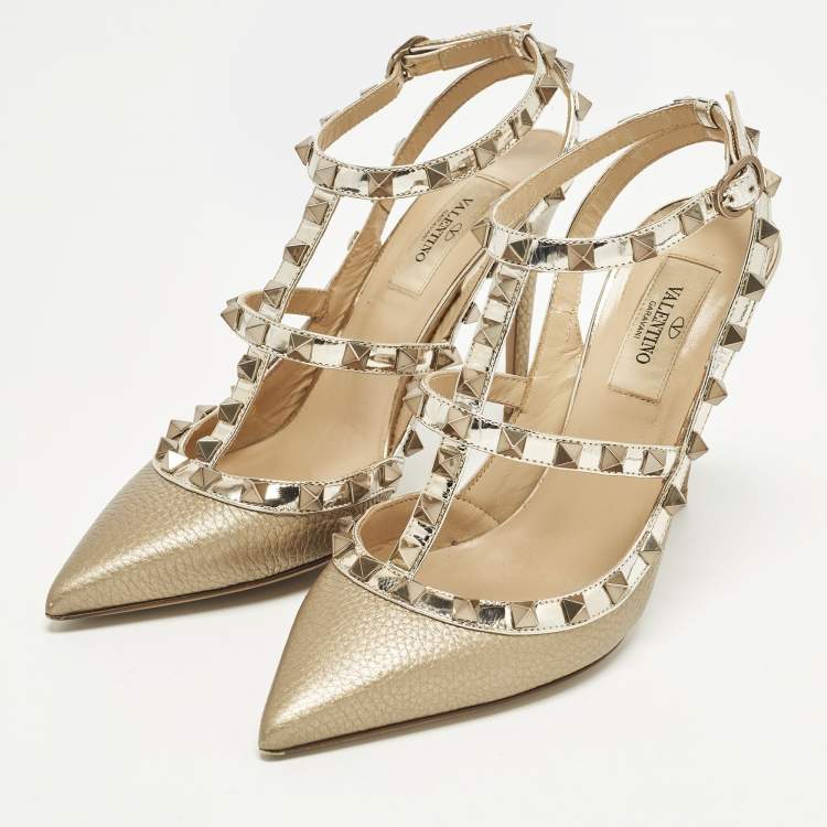 Pre Owned Valentino Rockstud Size 37 Gold Leather and Patent Leather Ankle Strap Pumps