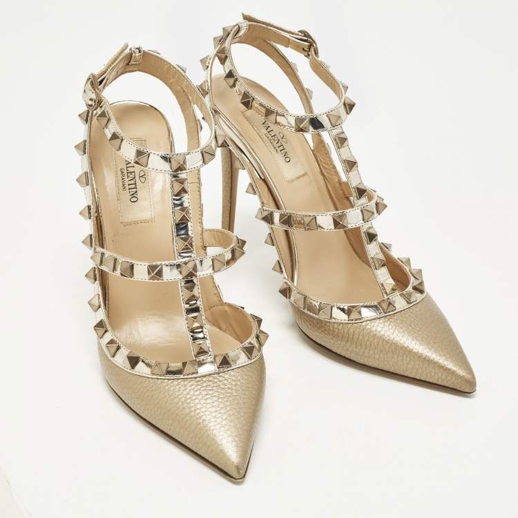 Pre Owned Valentino Rockstud Size 37 Gold Leather and Patent Leather Ankle Strap Pumps