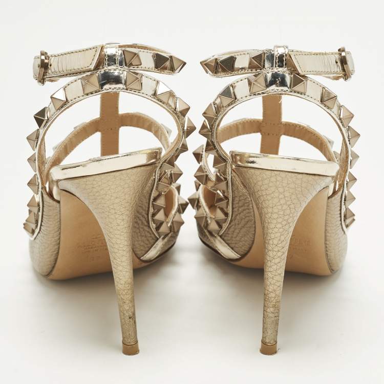 Pre Owned Valentino Rockstud Size 37 Gold Leather and Patent Leather Ankle Strap Pumps