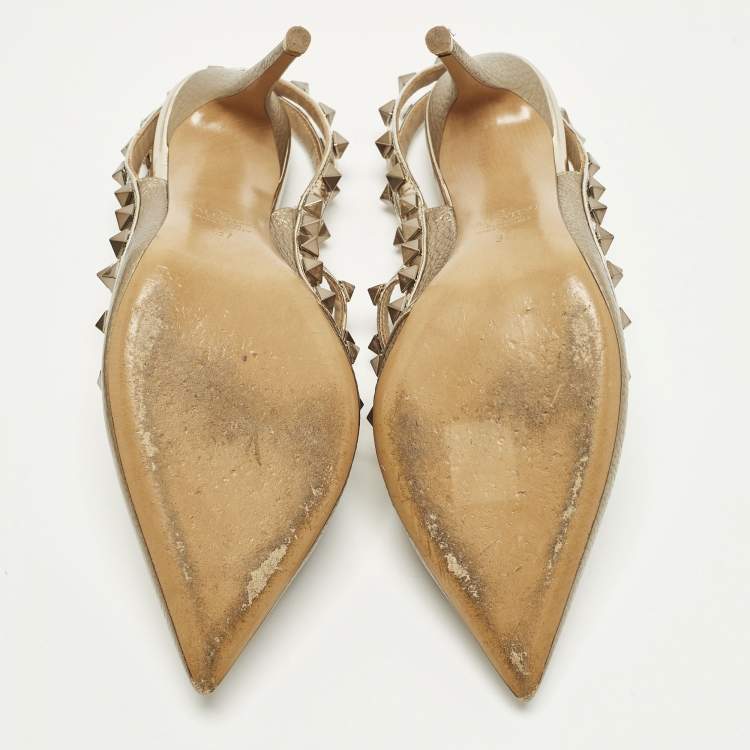 Pre Owned Valentino Rockstud Size 37 Gold Leather and Patent Leather Ankle Strap Pumps