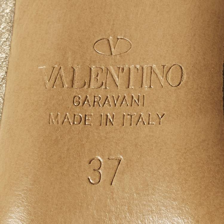 Pre Owned Valentino Rockstud Size 37 Gold Leather and Patent Leather Ankle Strap Pumps