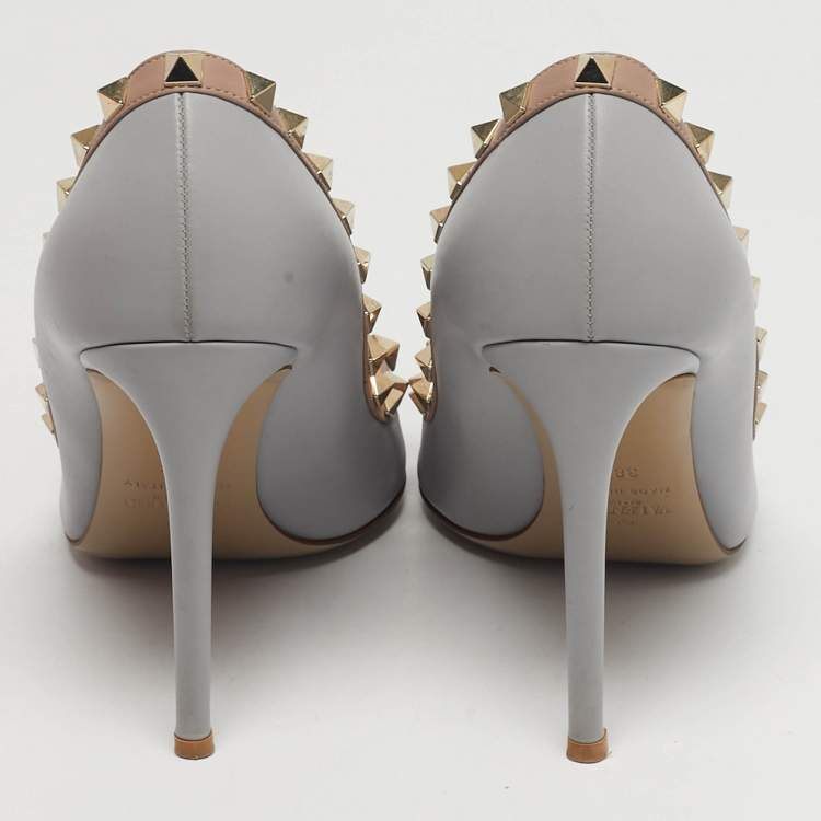 Pre Owned Valentino Rockstud Size 38.5 Grey/Beige Leather Pumps