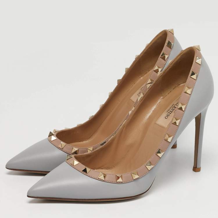 Pre Owned Valentino Rockstud Size 38.5 Grey/Beige Leather Pumps