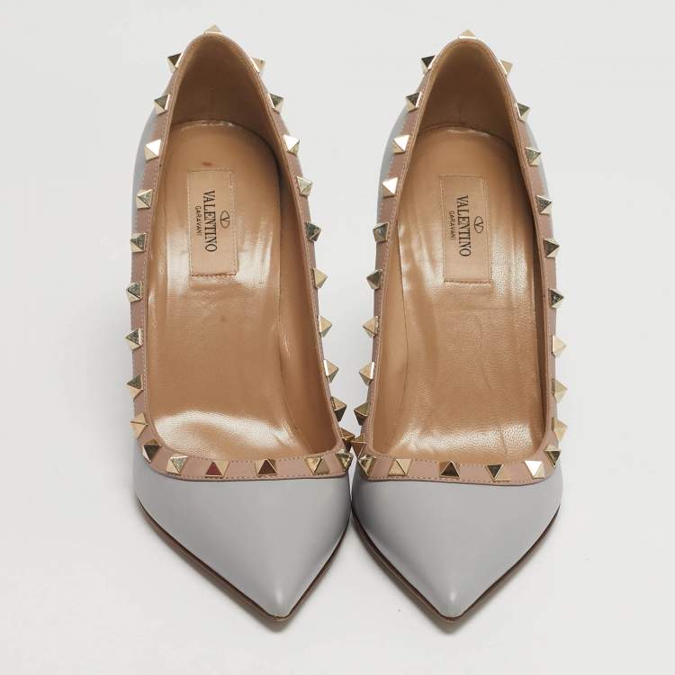 Pre Owned Valentino Rockstud Size 38.5 Grey/Beige Leather Pumps