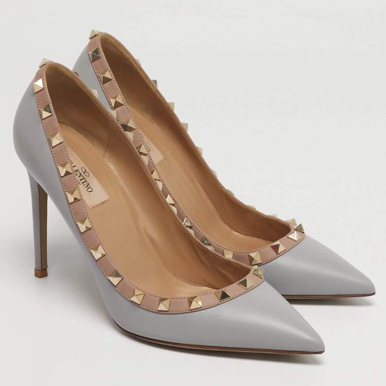 Pre Owned Valentino Rockstud Size 38.5 Grey/Beige Leather Pumps