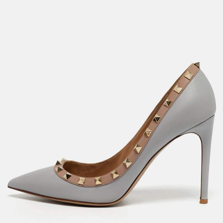 Pre Owned Valentino Rockstud Size 38.5 Grey/Beige Leather Pumps