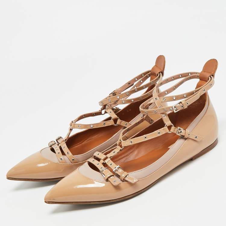 Pre Owned Valentino Love Latch Size 38 Beige Leather and Patent Leather Ballet Flats