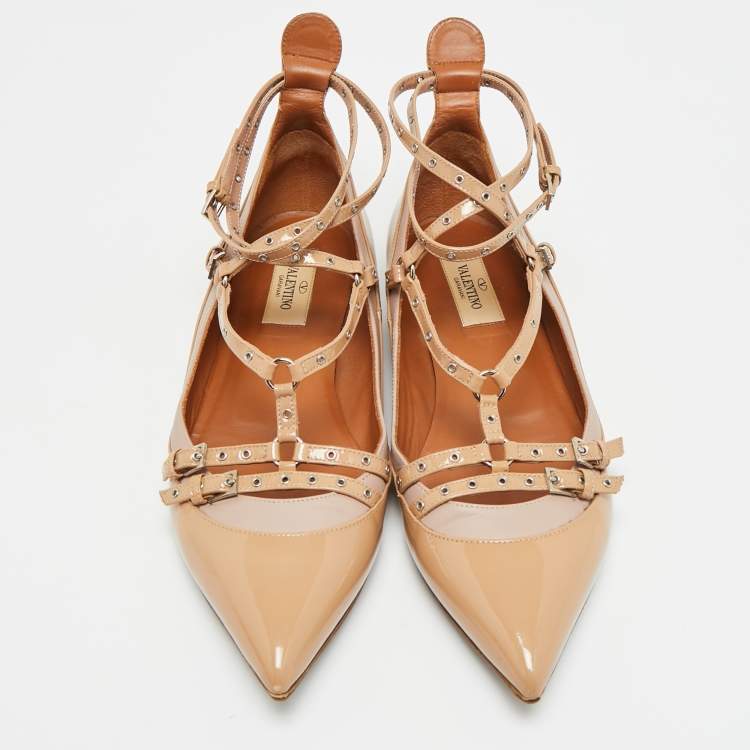 Pre Owned Valentino Love Latch Size 38 Beige Leather and Patent Leather Ballet Flats