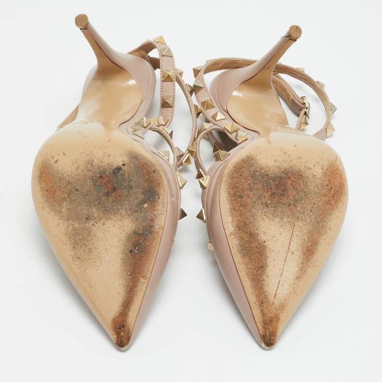 Pre Owned Valentino Rockstud Size 39 Beige Leather Ankle Strap Pumps