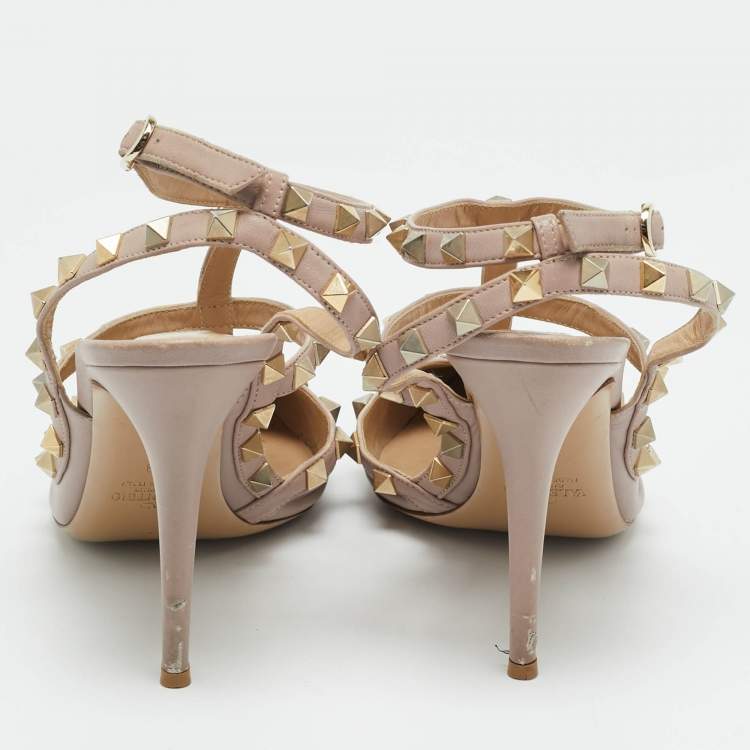 Pre Owned Valentino Rockstud Size 39 Beige Leather Ankle Strap Pumps