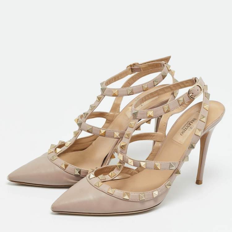 Pre Owned Valentino Rockstud Size 39 Beige Leather Ankle Strap Pumps