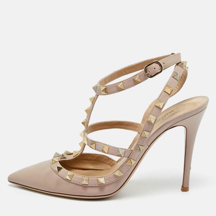 Pre Owned Valentino Rockstud Size 39 Beige Leather Ankle Strap Pumps