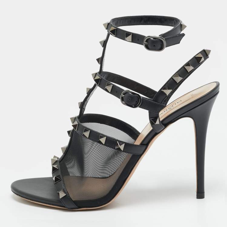 Pre Owned Valentino Rockstud Size 39 Black Leather and Mesh Ankle Strap Sandals