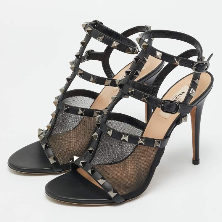 Pre Owned Valentino Rockstud Size 39 Black Leather and Mesh Ankle Strap Sandals