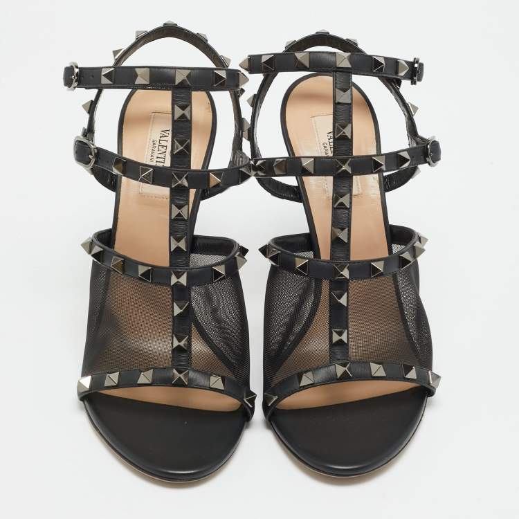 Pre Owned Valentino Rockstud Size 39 Black Leather and Mesh Ankle Strap Sandals