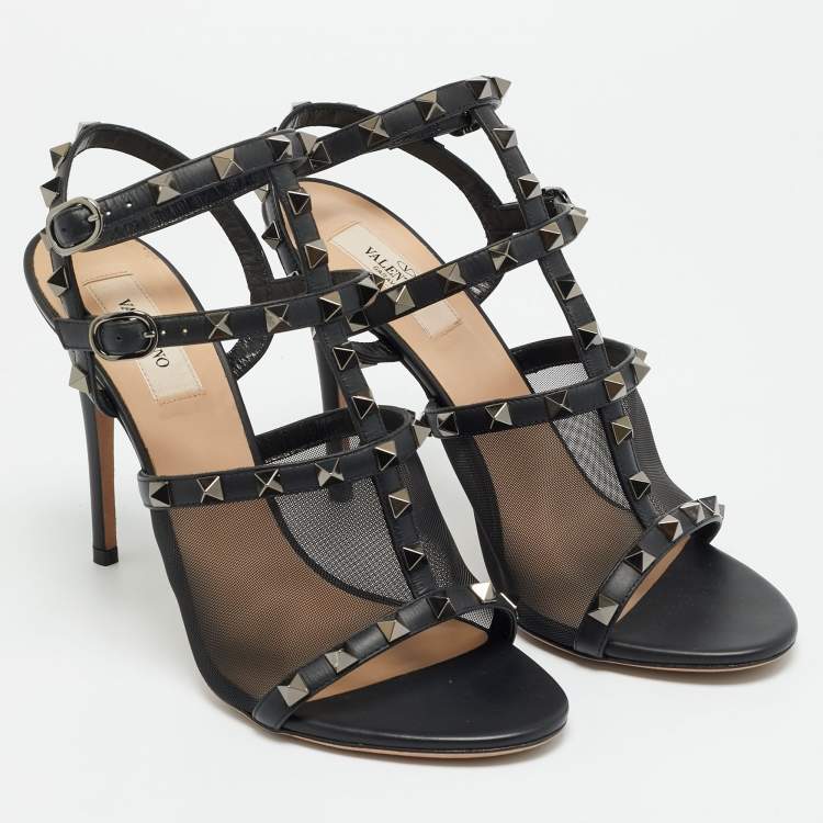 Pre Owned Valentino Rockstud Size 39 Black Leather and Mesh Ankle Strap Sandals