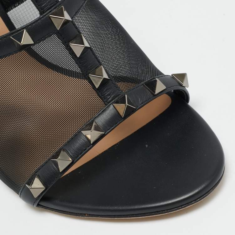 Pre Owned Valentino Rockstud Size 39 Black Leather and Mesh Ankle Strap Sandals
