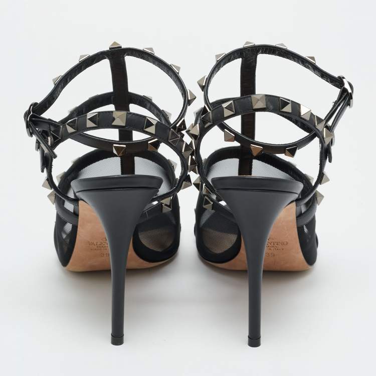Pre Owned Valentino Rockstud Size 39 Black Leather and Mesh Ankle Strap Sandals