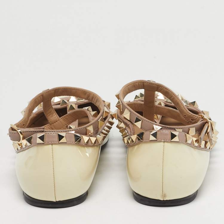 Pre Owned Valentino Rockstud Size 38  Cream/Pink Leather and Patent Leather Ballet Flats