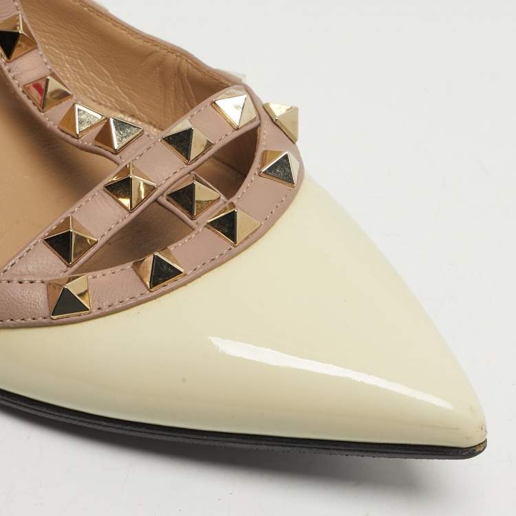 Pre Owned Valentino Rockstud Size 38  Cream/Pink Leather and Patent Leather Ballet Flats