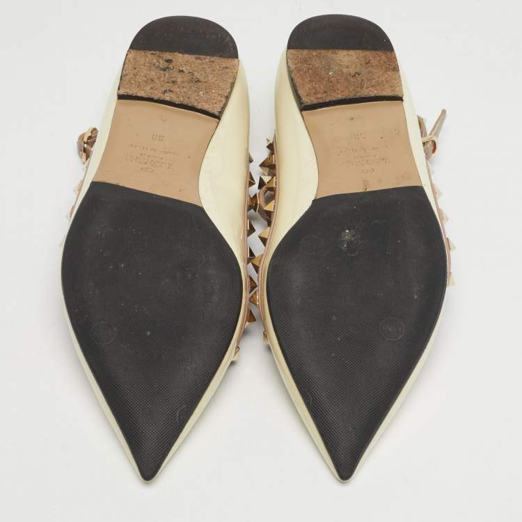 Pre Owned Valentino Rockstud Size 38  Cream/Pink Leather and Patent Leather Ballet Flats