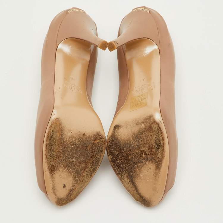 Pre Owned Valentino Size 38 Beige Leather Platform Peep Toe Pumps