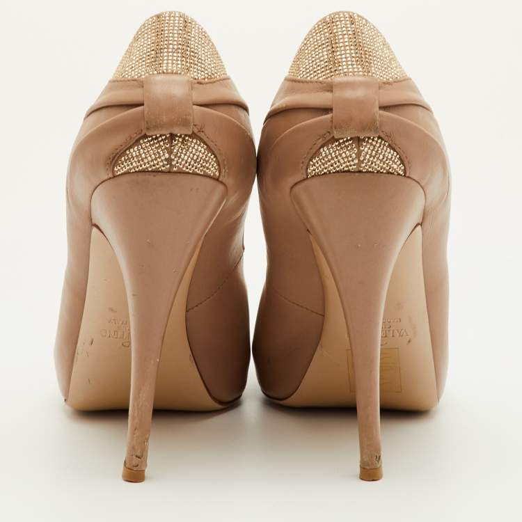 Pre Owned Valentino Size 38 Beige Leather Platform Peep Toe Pumps