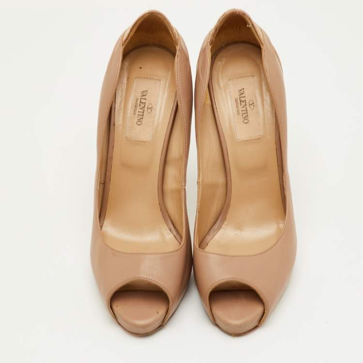 Pre Owned Valentino Size 38 Beige Leather Platform Peep Toe Pumps
