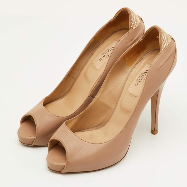 Pre Owned Valentino Size 38 Beige Leather Platform Peep Toe Pumps
