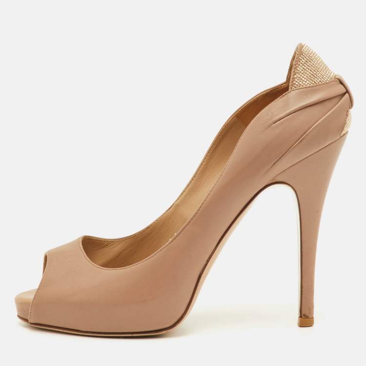 Pre Owned Valentino Size 38 Beige Leather Platform Peep Toe Pumps