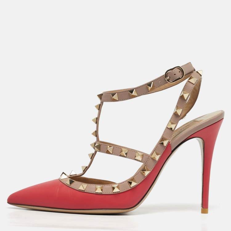 Pre Owned Valentino Rockstud Size 39 Pink/Beige Leather Pumps