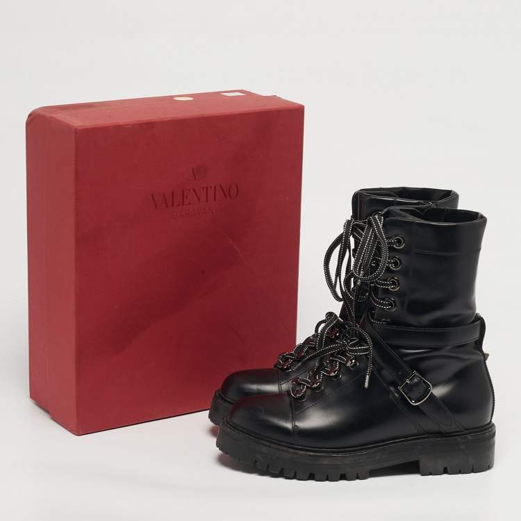 Pre Owned Valentino Rockstud Size 36 Black Leather Combat Boots