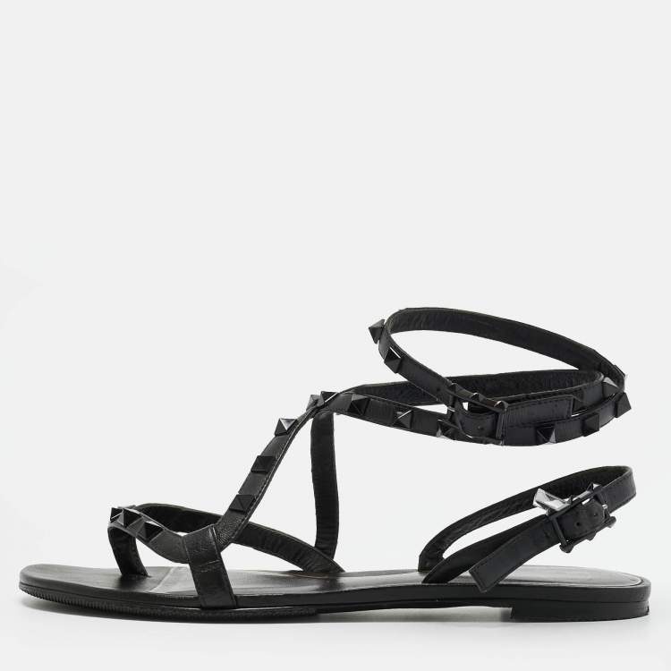 Pre Owned Valentino Rockstud Size 37 Black Leather Ankle Wrap Thong Flats