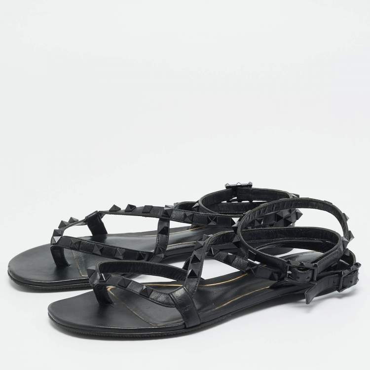 Pre Owned Valentino Rockstud Size 37 Black Leather Ankle Wrap Thong Flats